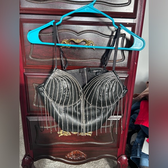 Blashe Black Faux Leather Rhinestone Crop Top - Picture 2 of 5